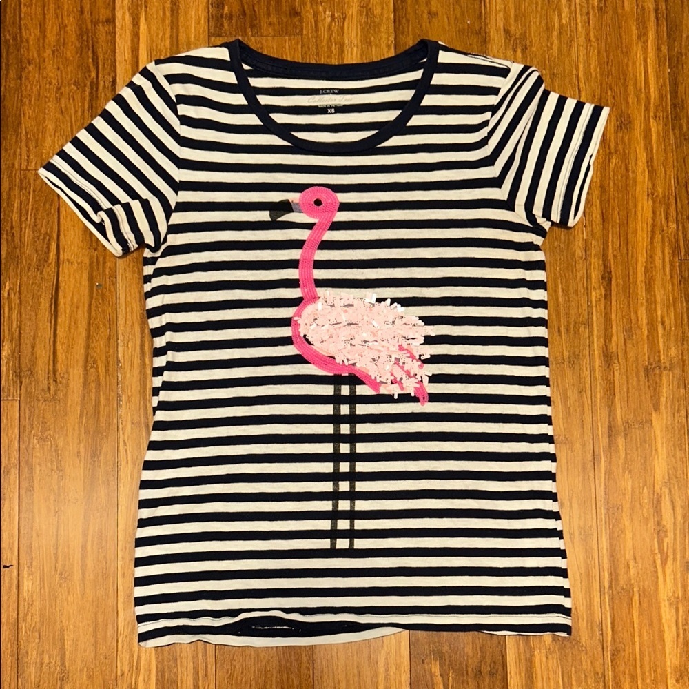 J. Crew Navy and White Striped Women’s Shirt with Pink Flamingo